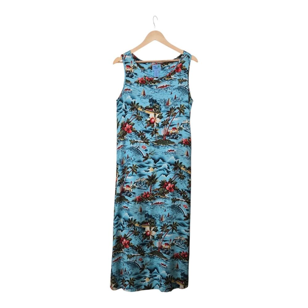 Vintage Jane Ashley Hawaiian Maxi Dress M Blue Tropical Island Resort Beach